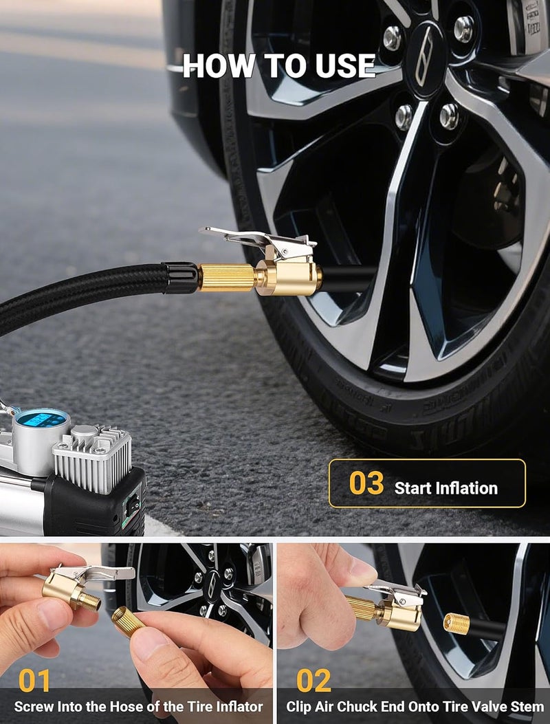 EVOULTES 2pcs Tire Air Chuck with Clip Adapter, Brass Tire Inflation Hose Adapter with Locking Tire Nozzle Valve Thread, Unscrewed Twist Connection Converts to Locking Connection for Air Compressor Pump Clamp - Image 5